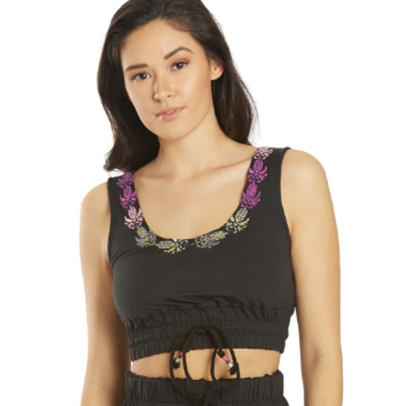 FREE PEOPLE Movement Friday Night Lights Top Yoga Black Small Embroidered