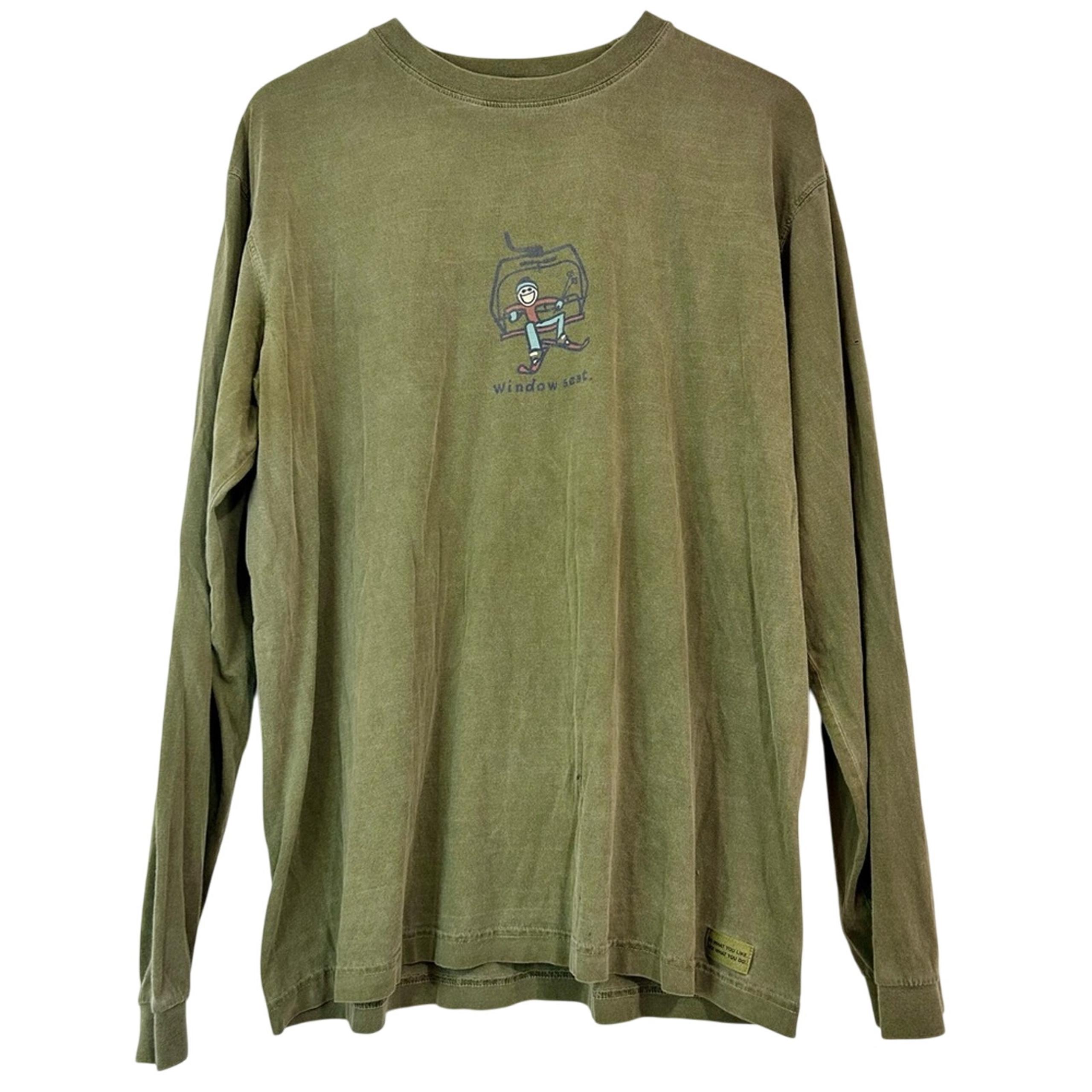 Life is Good Men’s Window Seat Skier Ski Lift Long Sleeve T-Shirt Green Size XL