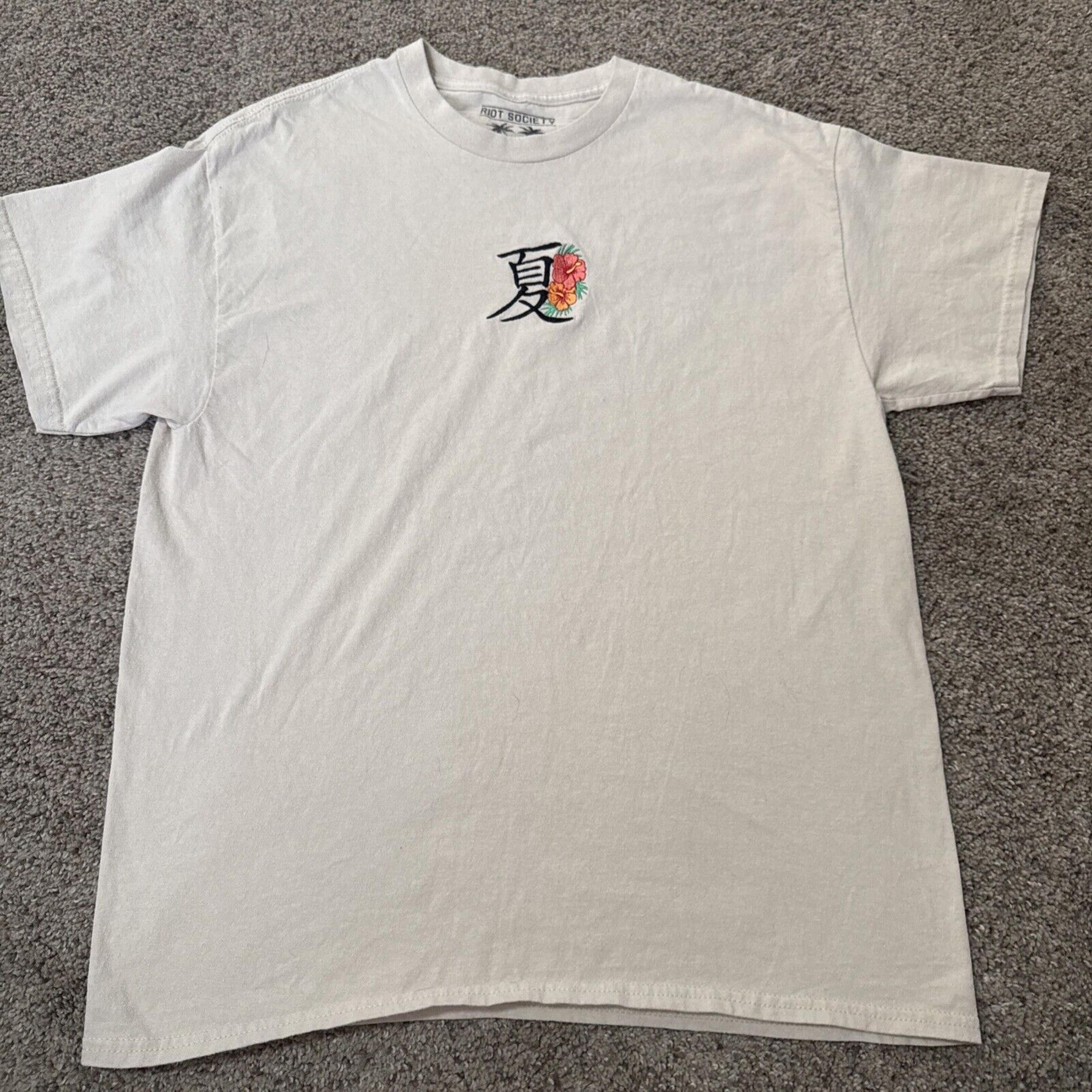 Riot Society Men Shirt Large Sand Embroidered Floral Chinese Character Skate Gym