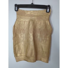 Herve Leger Gold Coated Knit Mini Skirt Bodycon Fitted Women's SMALL