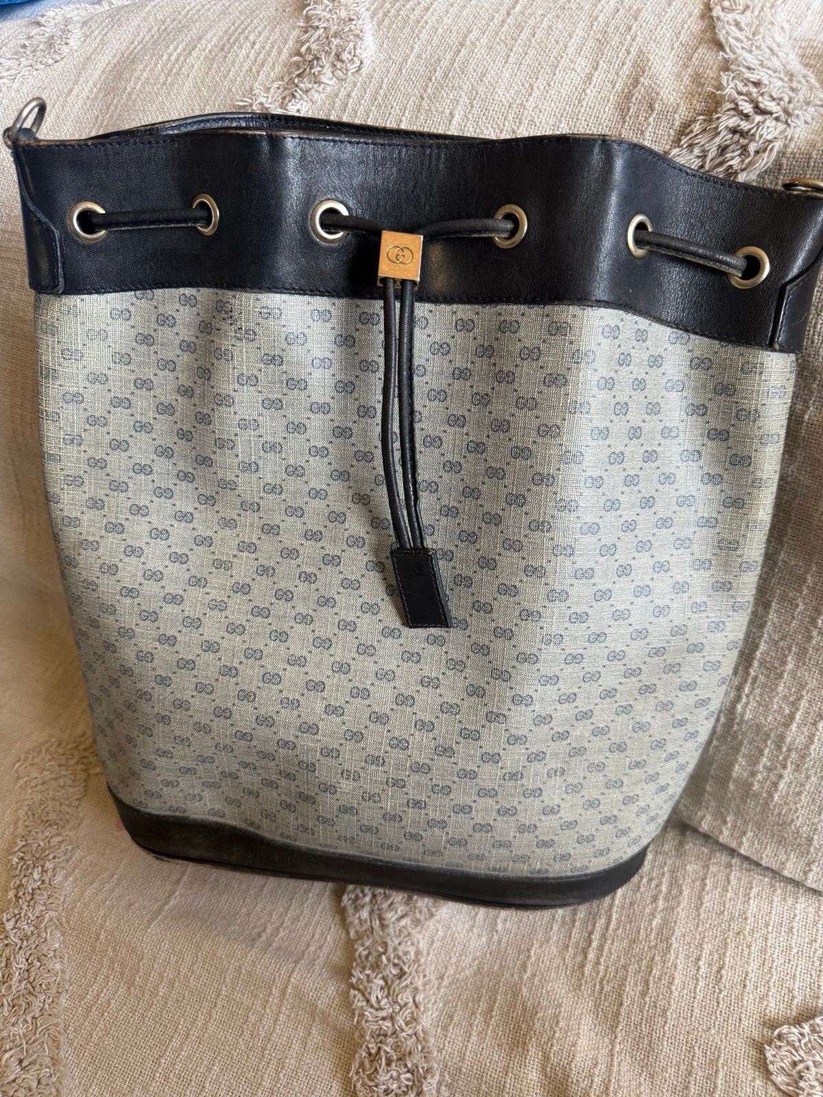 Vintage 90's Gucci Monogram Drawstring Bucket Bag.