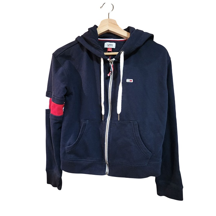 Tommy Jeans Navy Hoodie Sweatshirt With Red & White Stripes Womens S