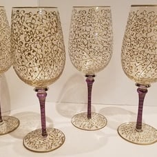 4 pack, Pier 1 Rioja Gold Scroll Purple Stem Wine Glasses