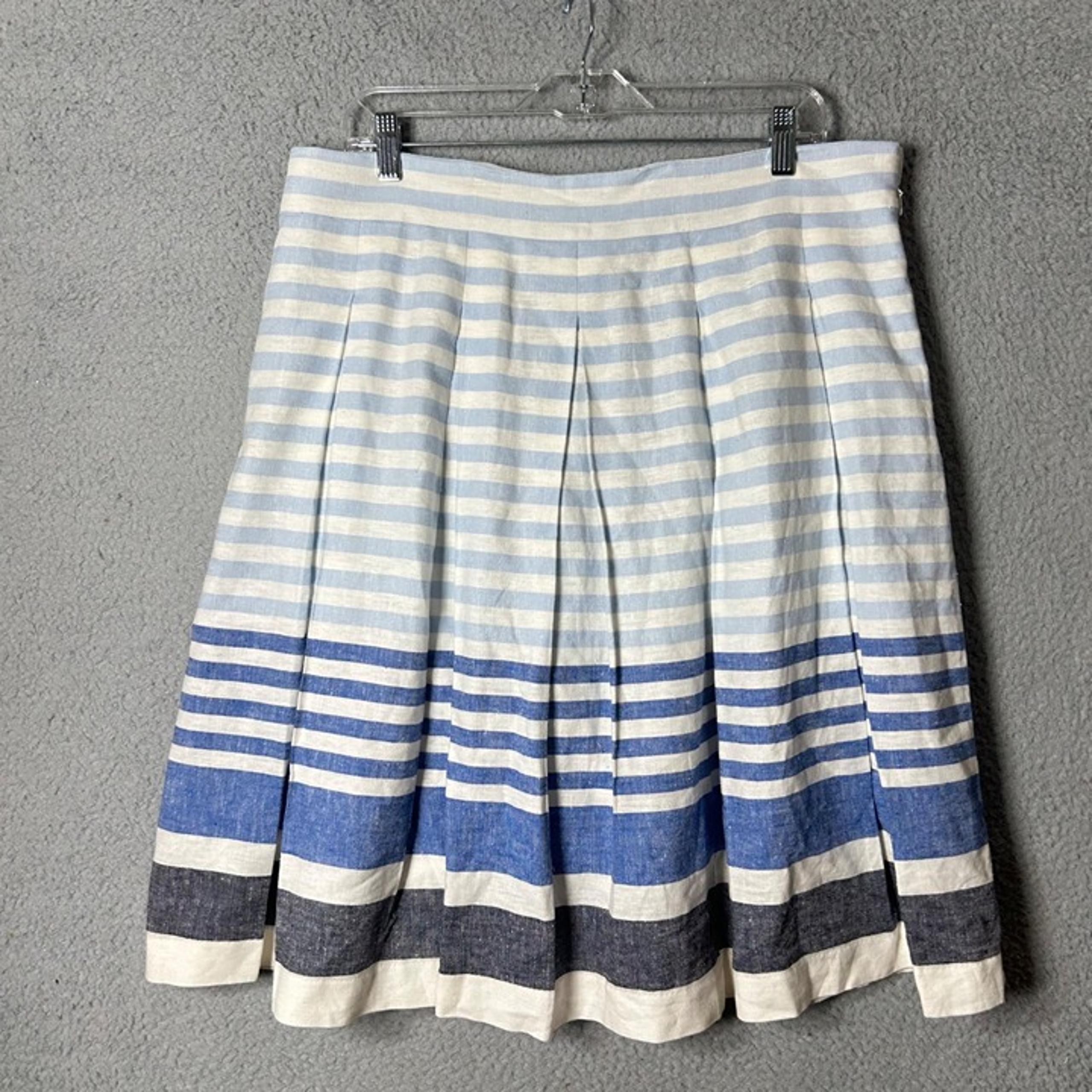 Christopher & Banks Skirt Women 16 Blue Cream Striped Linen Blend Pleated Midi