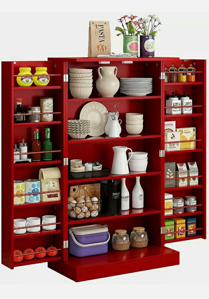 Kitchen pantry cabinet storage organizer adjustable shelves red