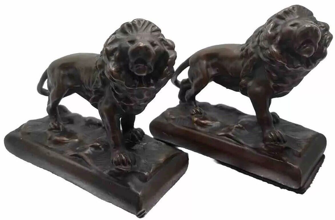 Lion Statues 8x6 Antique Bronze Sculpture Figurines Bookends Decor MCM