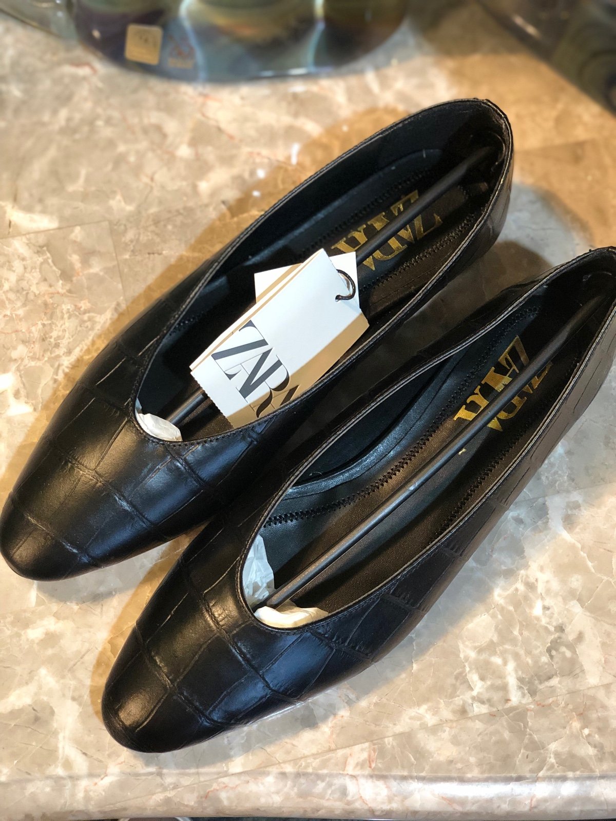 Zara Leather Croc Reptile Embossed Slim Line Loafer Ballerina Flats Black
