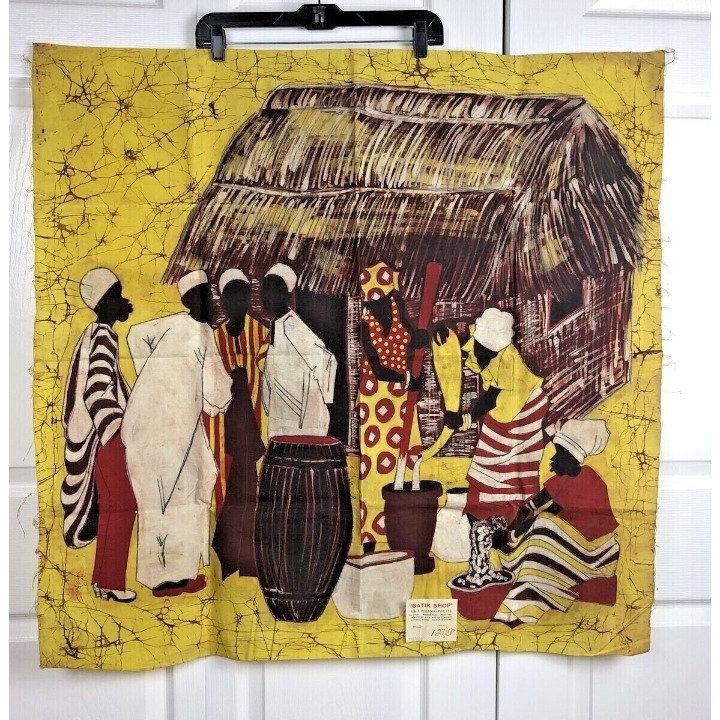 Vintage African Art Batik Village Scene Wall Hanging African 36.5 W x 36.5 L