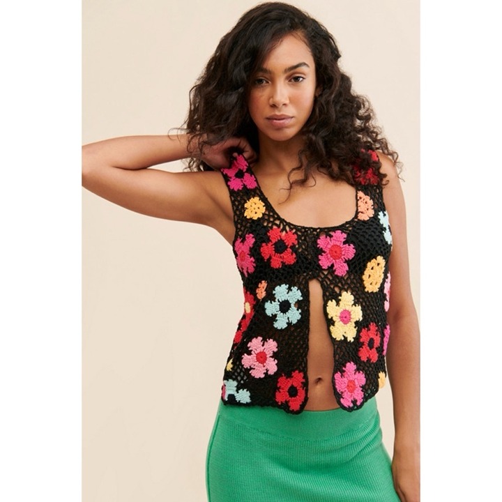 New Tach Ashete Crochet Top Flower Tank Top Shirt Knit Black