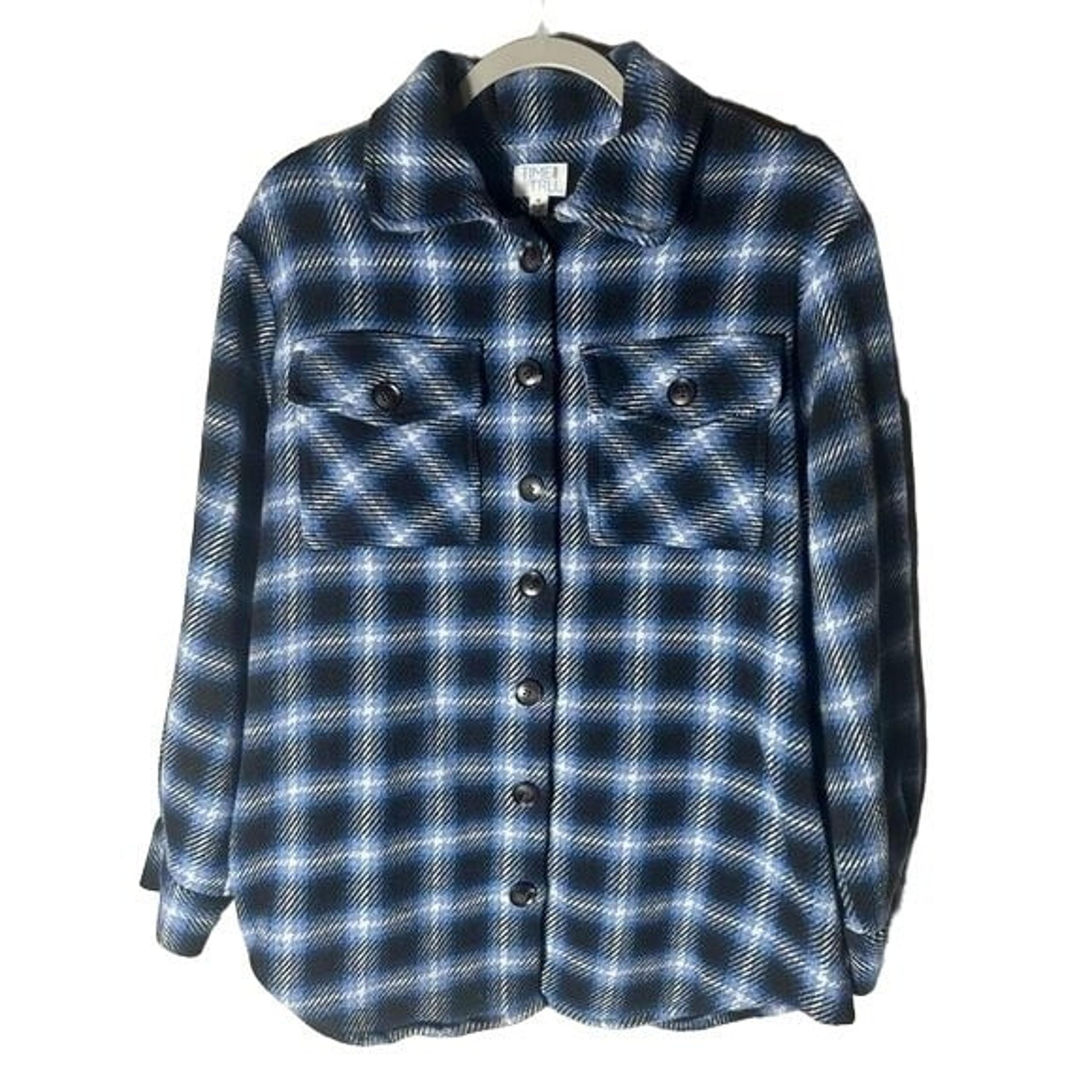 Time and Tru Womens M (8-10) Blue and Black Wool Blend Plaid Flannel Jacket