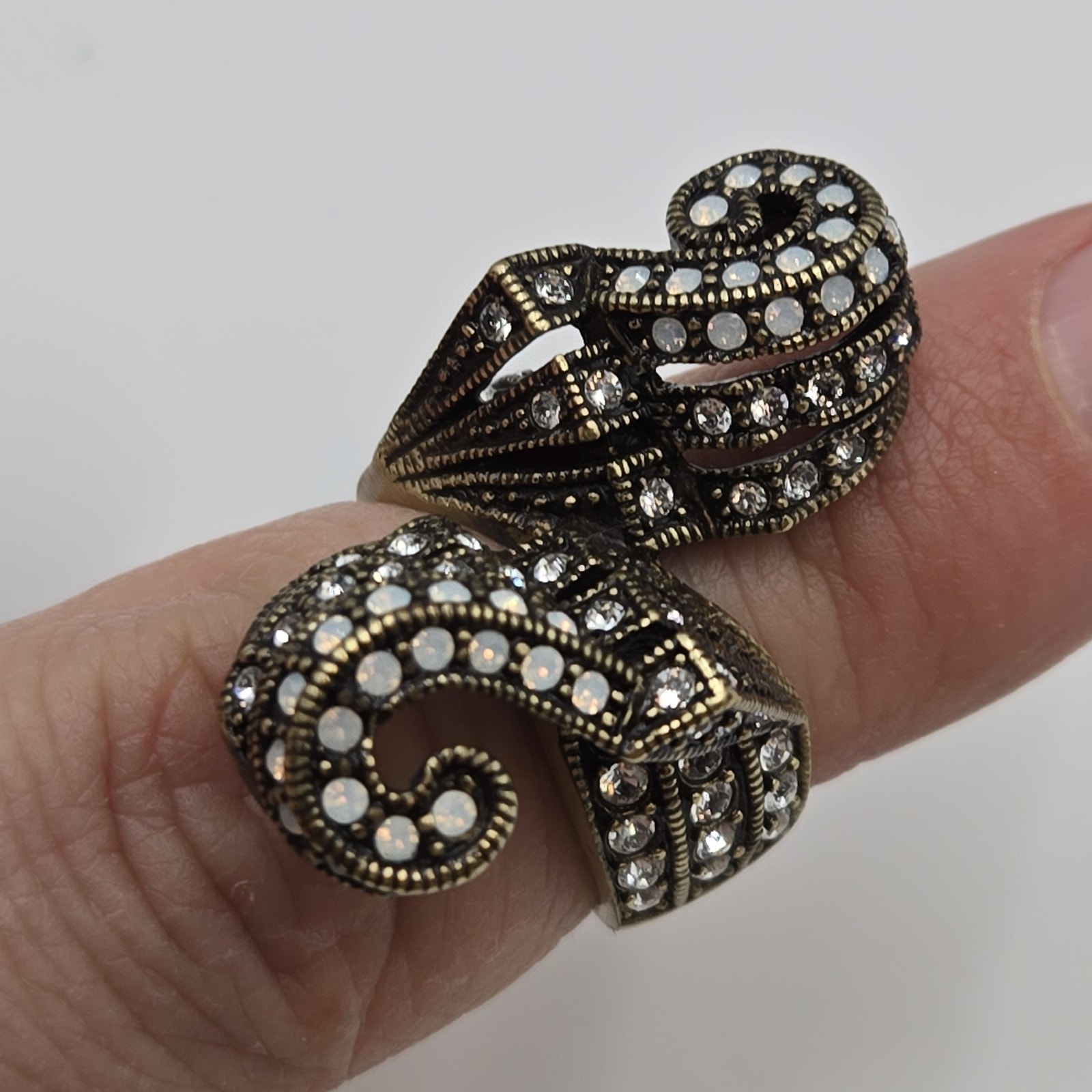 Heidi Daus Whimsical Retired Brass Geometric Swirls Ring 7.75 Clear Crystal