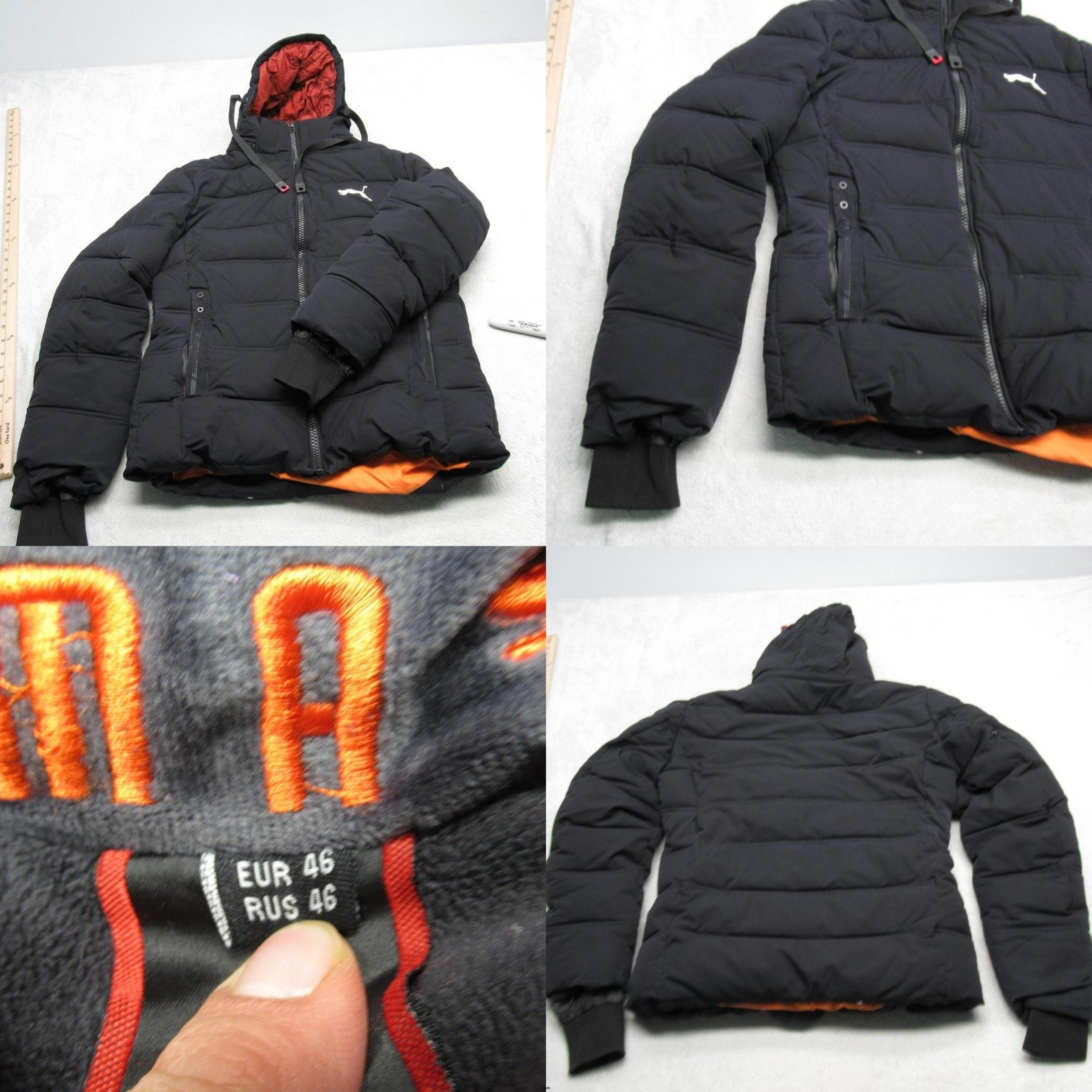 Puma Jacket Mens Small Black Hood FullZip Fleece Lined Quilted Thick Puffer READ