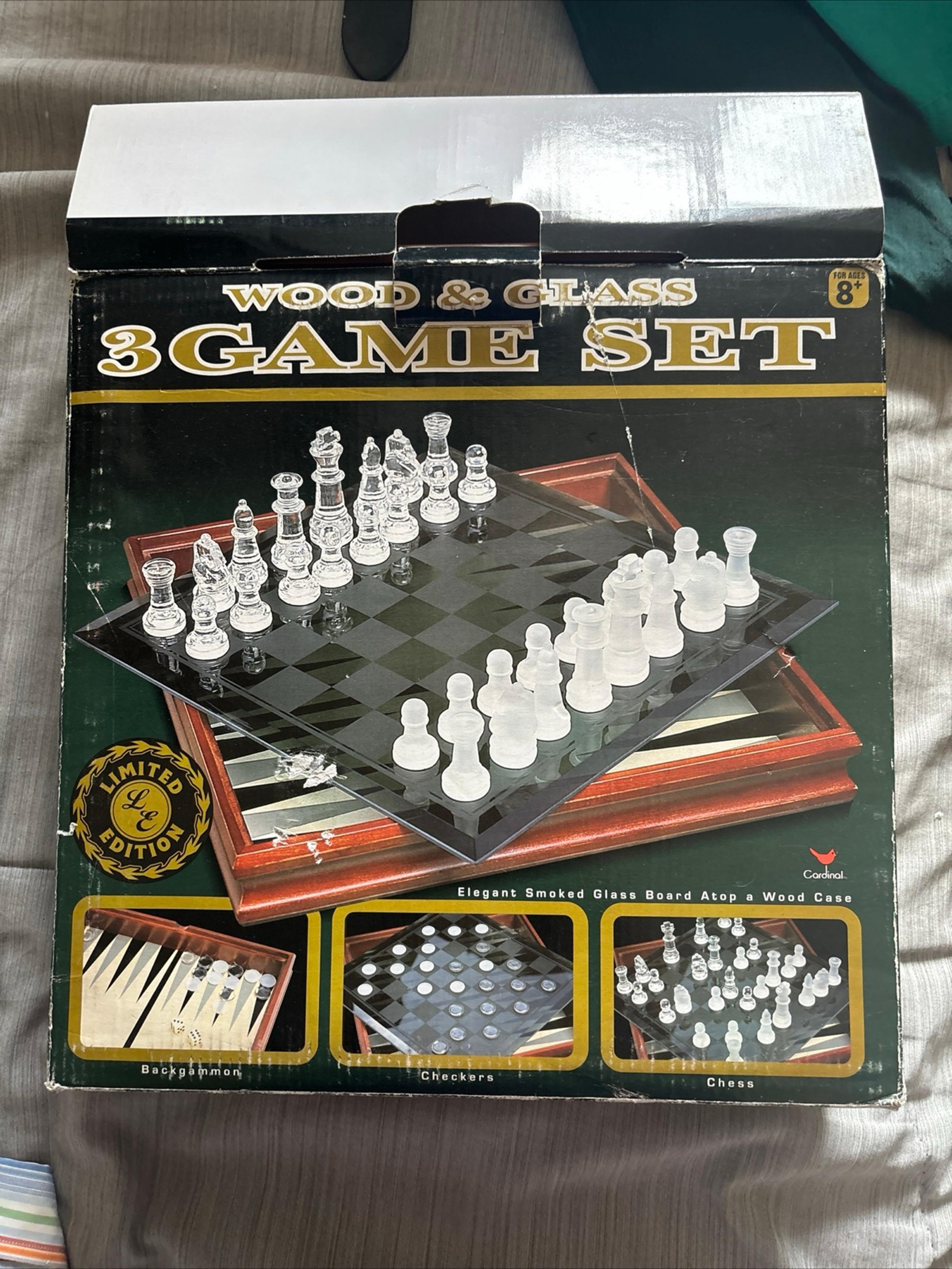 Glass and Wood 3 Game Set Chess Checkers Backgammon Complete Cardinal 2001