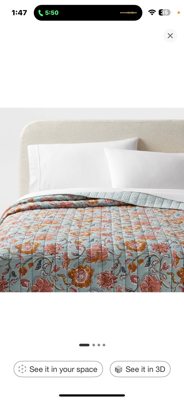 King Earthy Vines Quilt Light Teal Blue/ Mustard Yellow/Light Pink Floral - Thre