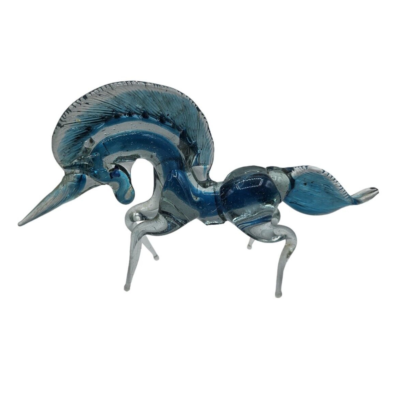 Murano Hand Blown Art Glass Horse Unicorn Sculpture Blue Clear White