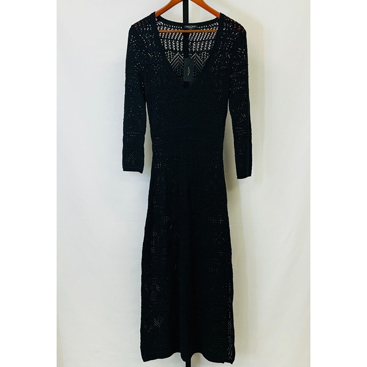 Rag & Bone Renee Pointelle Cotton Blend Midi Dress Size M Black Long Sleeve NWT