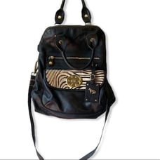 Emma Fox black leather satchel with floral interior and animal print accent