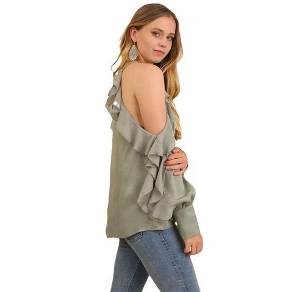 Umgee Cold Shoulder Top Ruffle Gray Small NWOT