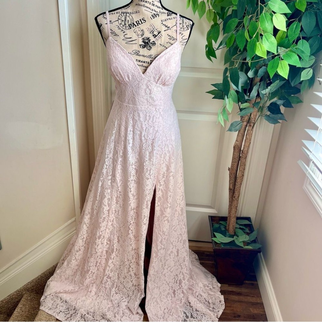 Azazie Lace Flowy Floor Length Gown Front Slit Blush Pink Sz 12