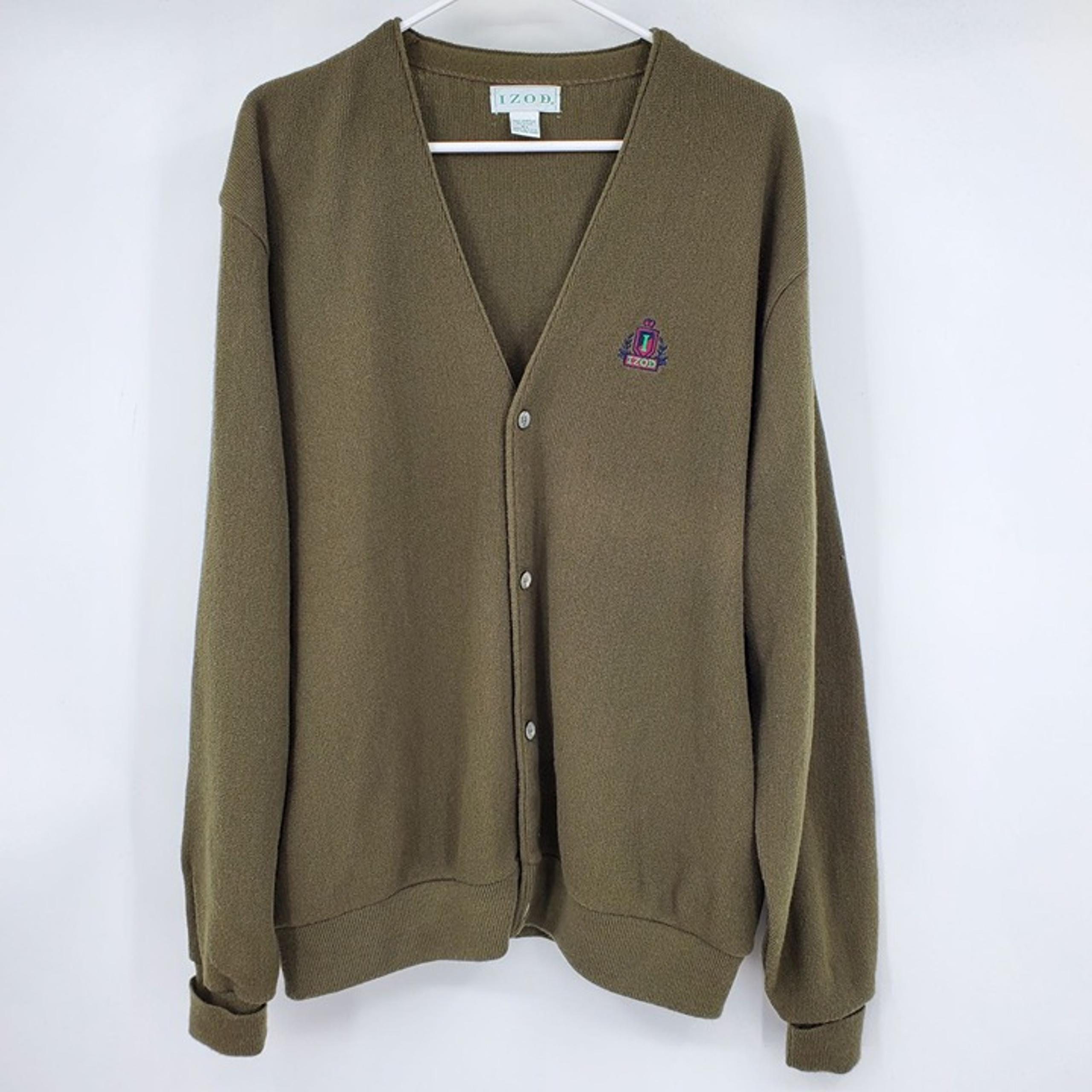 Vintage Izod Crest Green Button Up Men's Preppy Cardigan Sweater Shirt XL