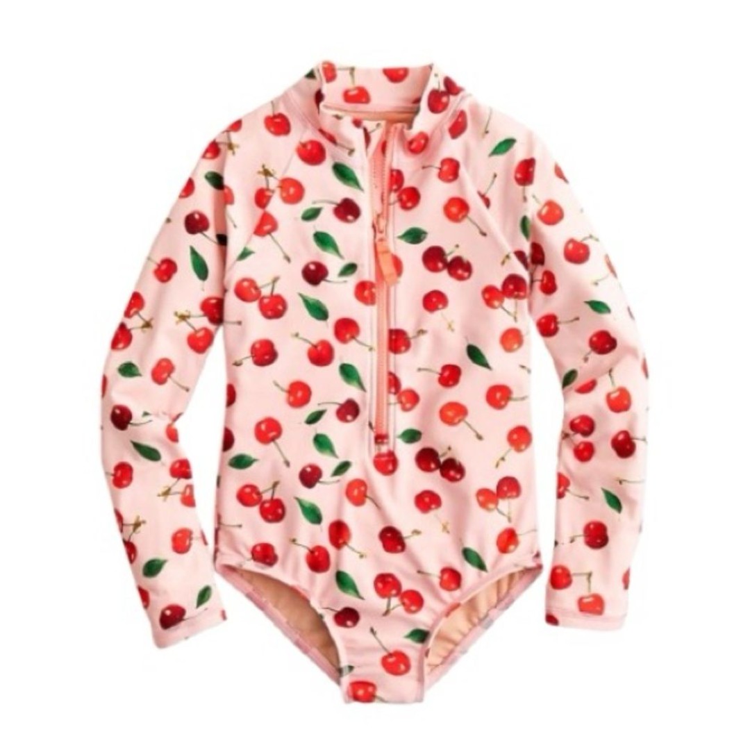 Crewcuts by J. Crew Pink & Red Long Sleeve Cherry Print Rashguard Swimsuit 12