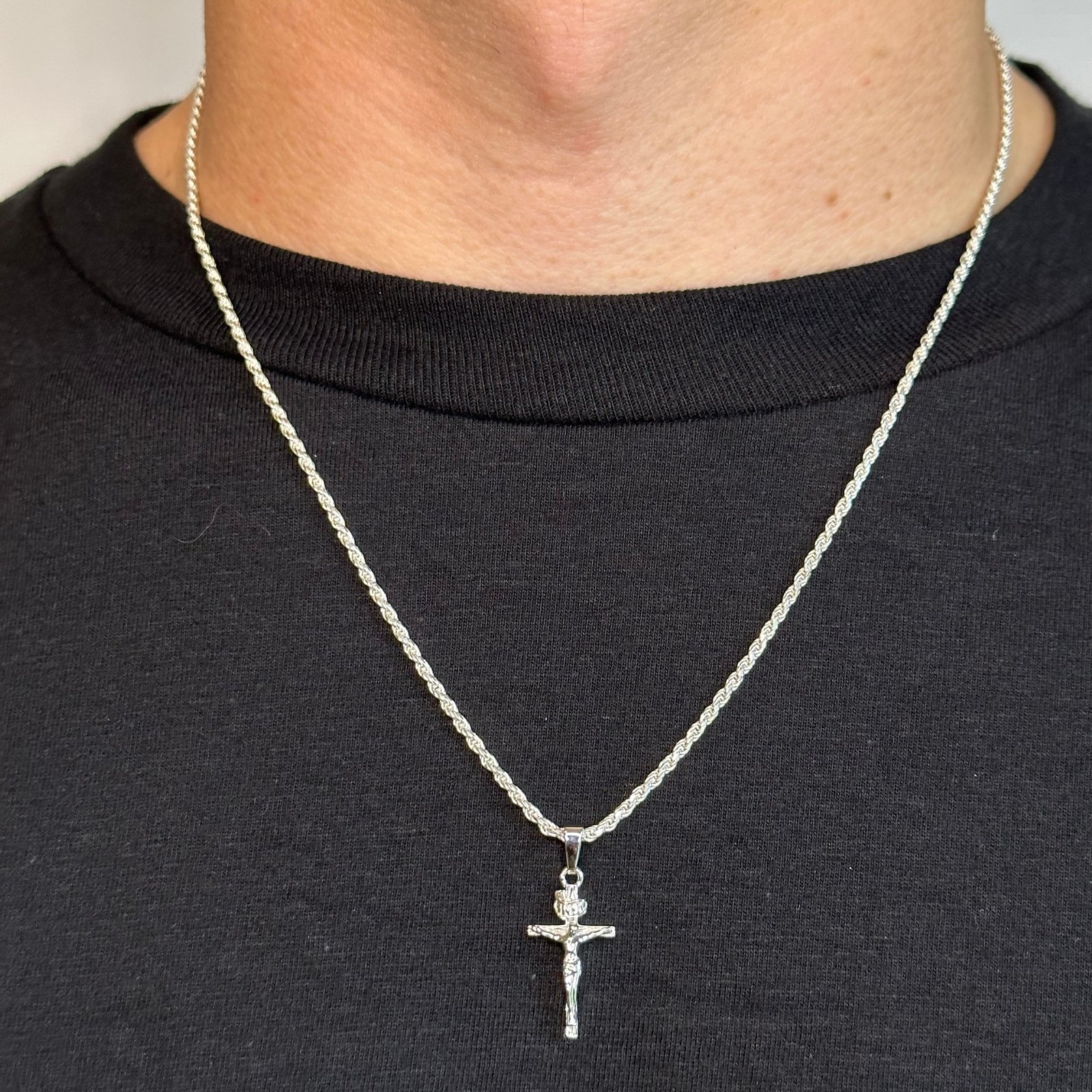 Silver Chain Solid Silver Rope Chain And Cross Set 2mm 20in Stamped .925 Italy