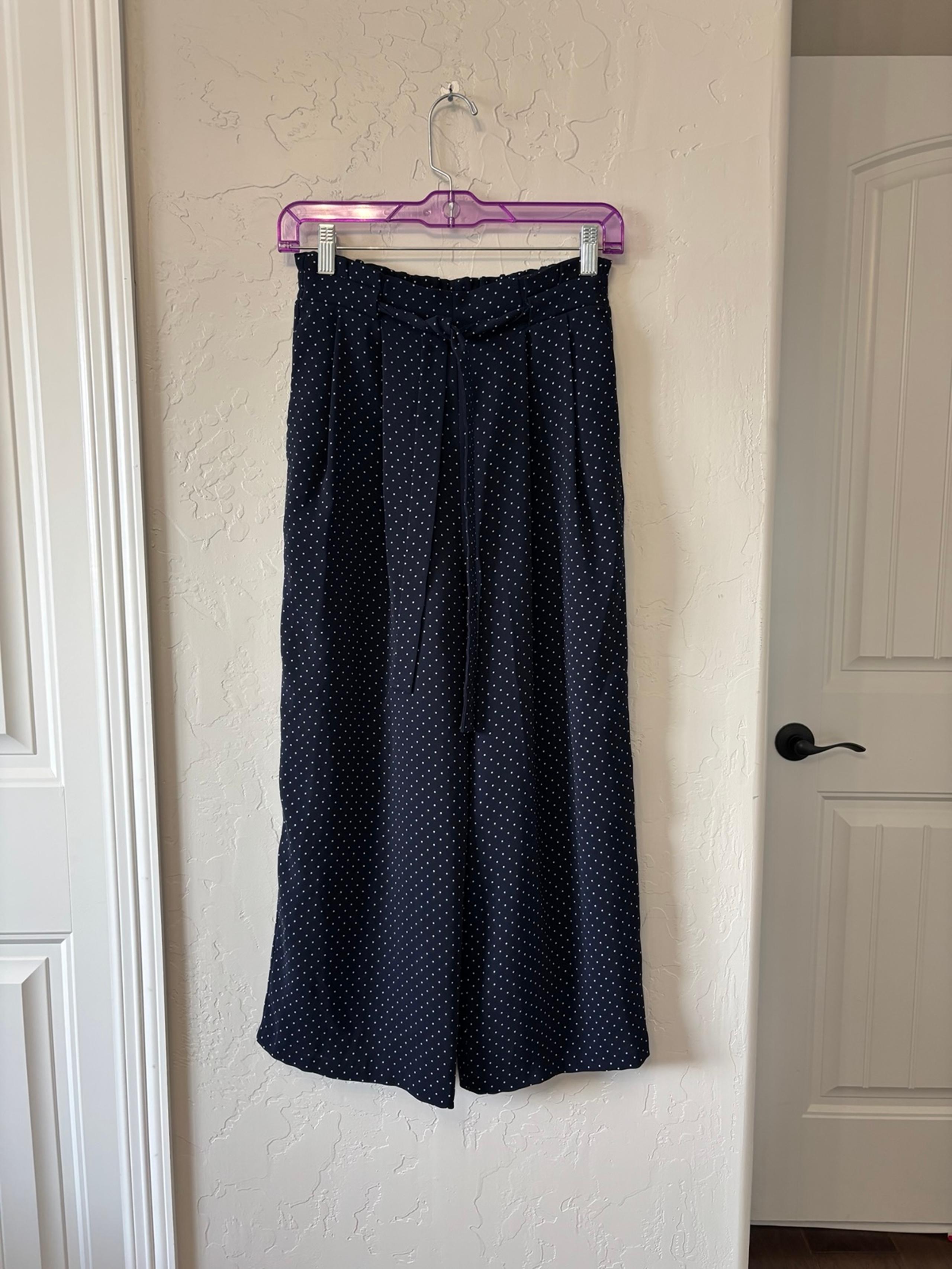 dark blue polka dot draped pants