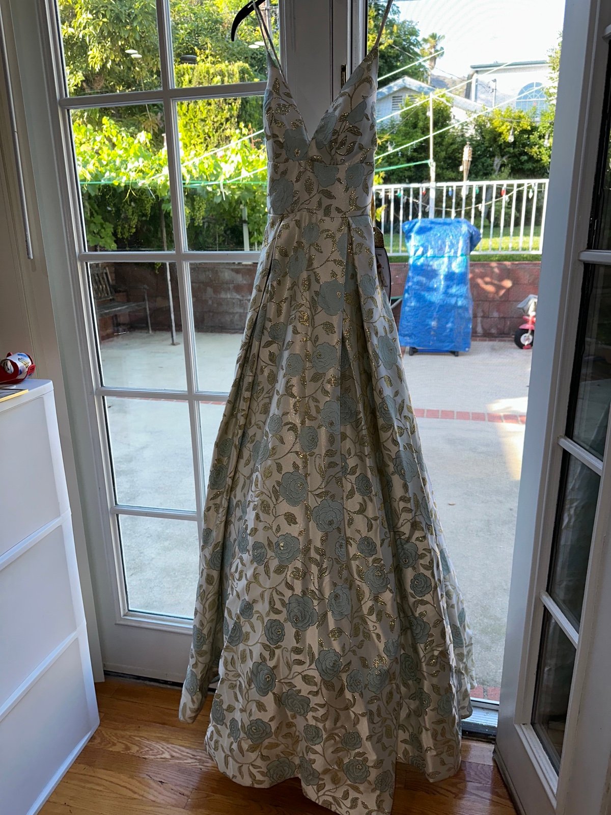 Beautiful Cream, Gold, and Blue Floral Ballgown