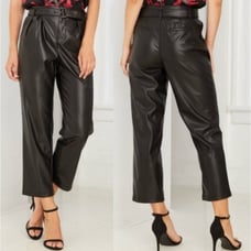 WHO WHAT WEAR Faux Leather Belted Black Trouser Pants 4 (Small) NWT
