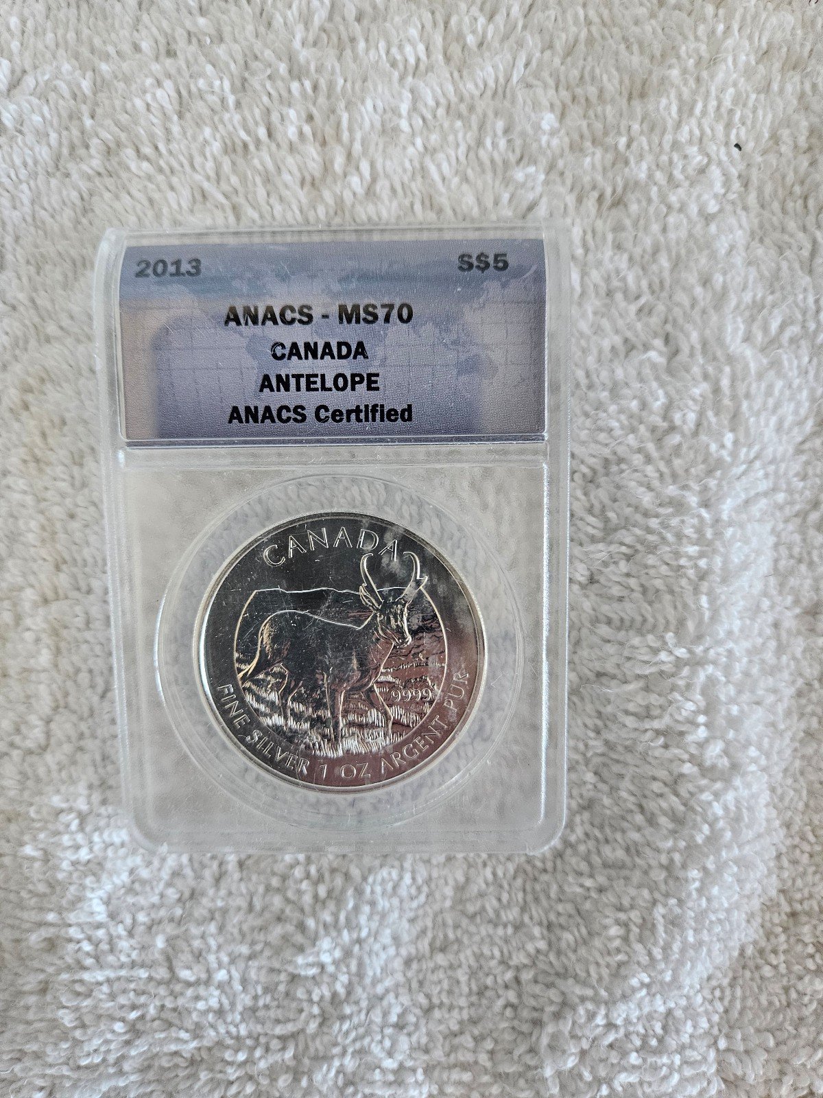 2013 ANACS MS-70 Canada Antelope Silver 5 Coin. 1oz Argent Pur