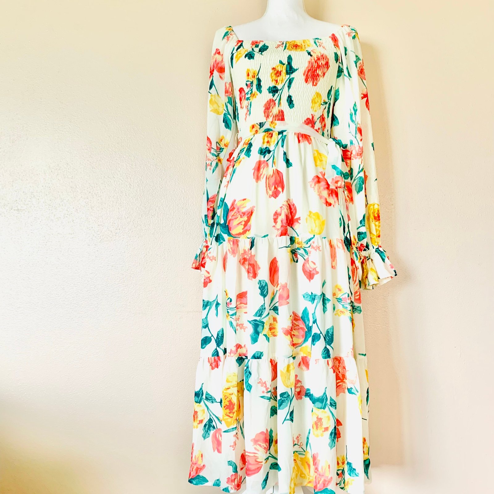 LoveColette Cream Yellow Orange Red Green Floral Long Sleeve Smocked Maxi Dress.