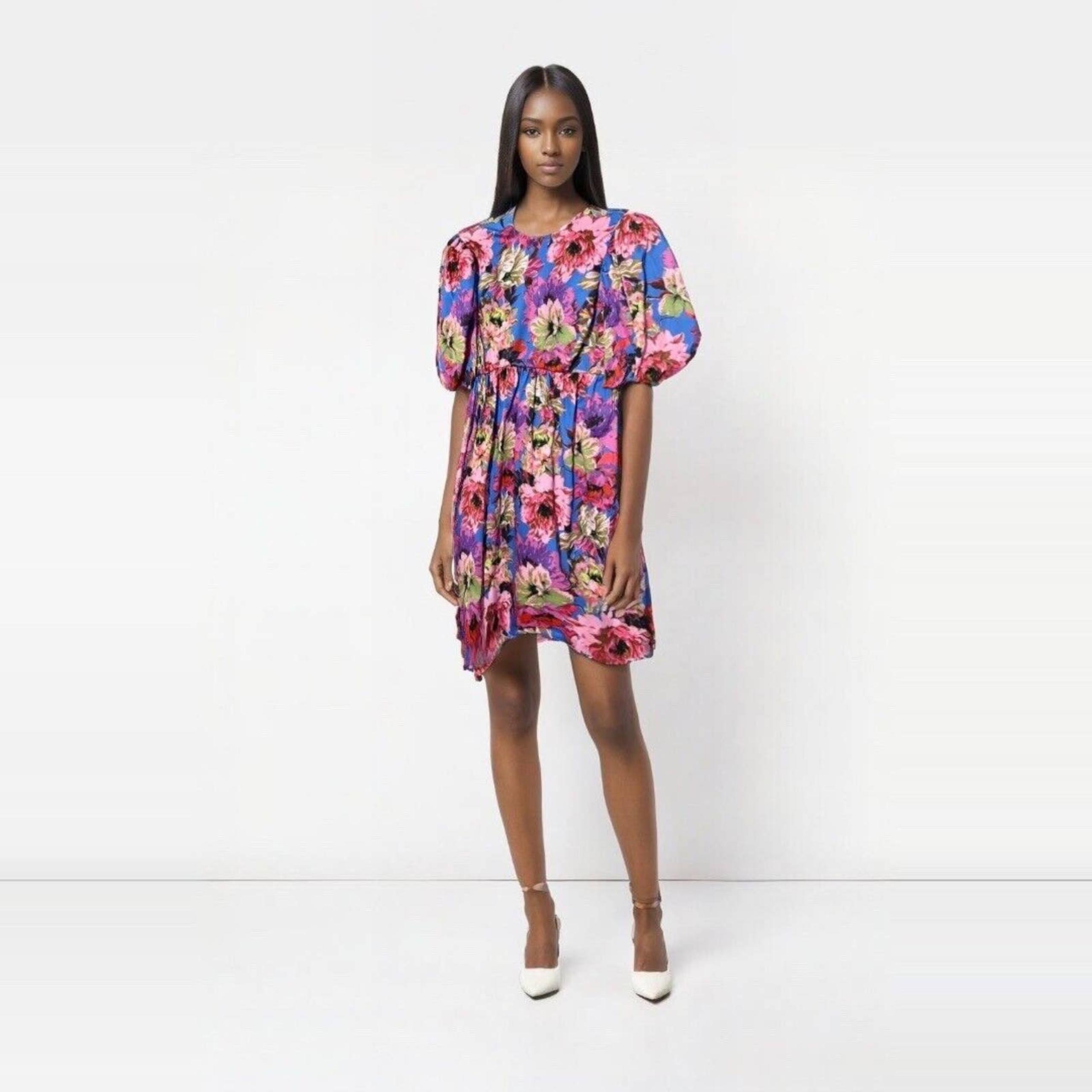 RIVER ISLAND PINK FLORAL ON BLUE COTTON STRETCH SHIFT DRESS SIZE 18 UK 14 US NWT