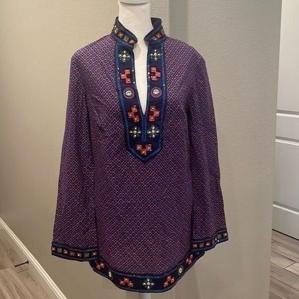 Tory Burch Embroidered Long Sleeve Tunic Blouse