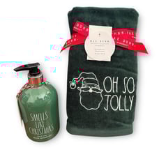 Rae Dunn 3pc “Oh So Jolly” Hand Towel & Hand Soap 16.5 oz Set