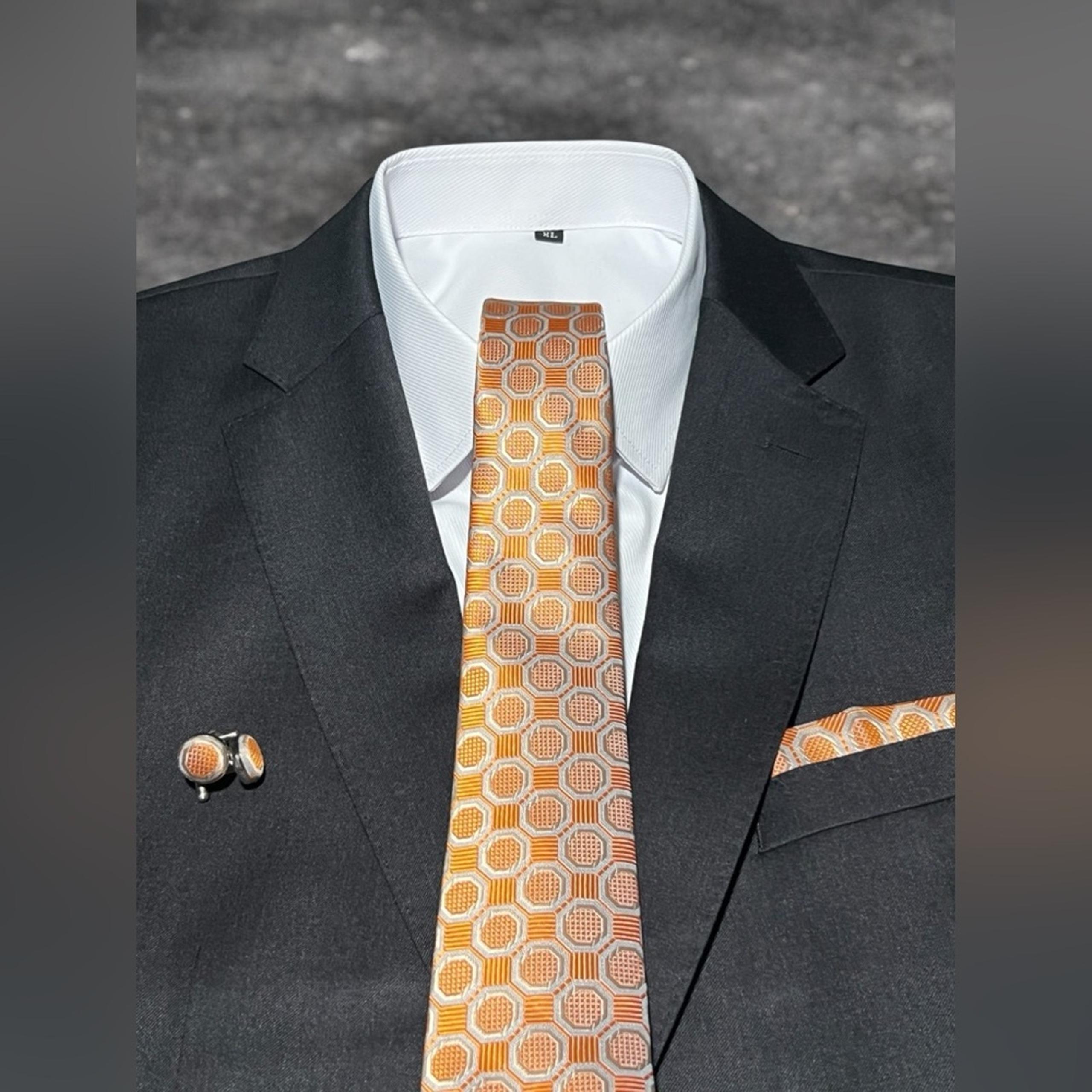 3 Piece Tie Set Rich Orange with Silver Heptagon Print 57.5” x 3.25”