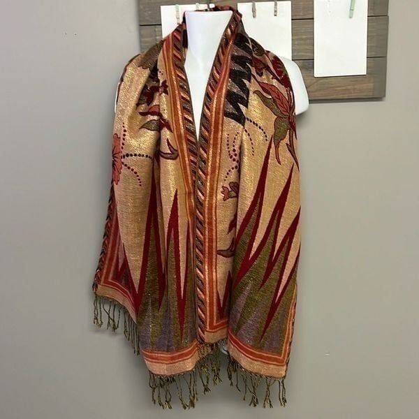 Pashmina Brown Tan Orange Red Metallic Jacquard Wrap w/Tassels approx 78” by 26”