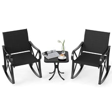 3 Piece Patio Rocking Set 2 Rocking Chairs w/ Tempered Glass Side Table Black