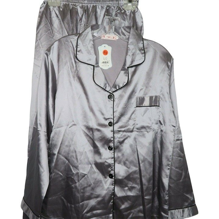 Women's Silver Gray Silk Pajamas Set L Shirt Long Pants Buttons NEW Deadstock