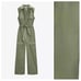 NWT. Zara Khaki 100% Cotton Straight Leg Cargo Long Jumpsuit. Size XL.