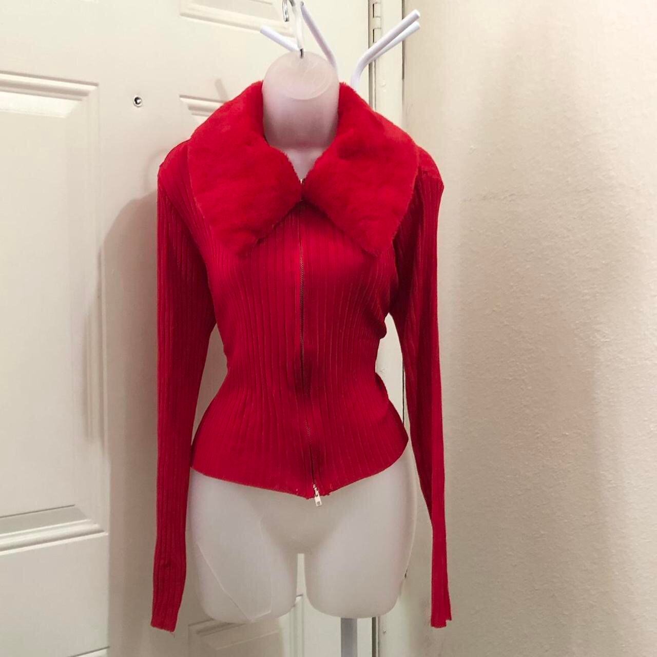 Y2K Red zip fur peter pan collar zip up ribbed fitted sweater cardigan jacket