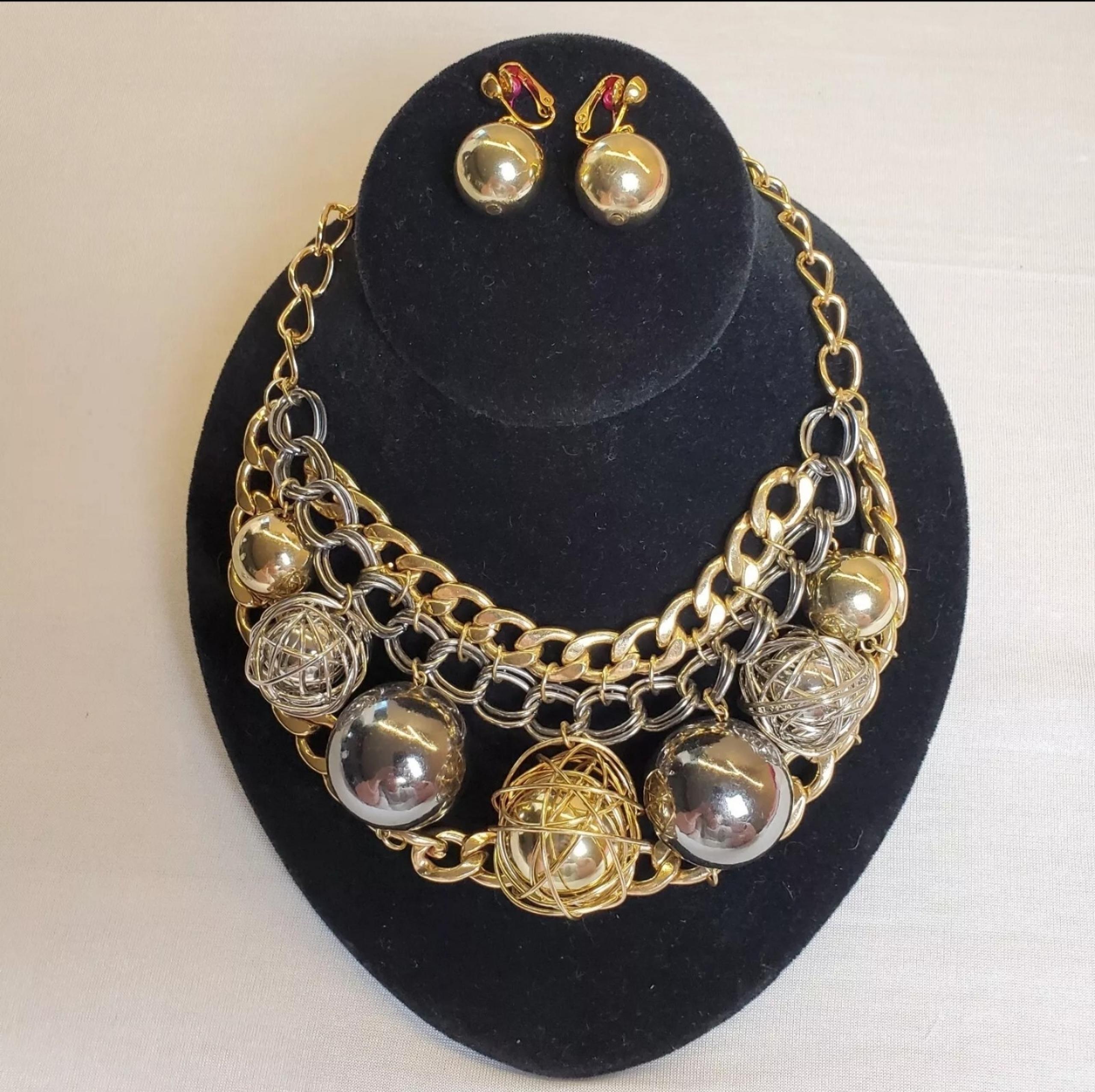 Lucia Gold & Silver Tone Spheres on 16" Cuban Chain Necklace w/Matching Earrings