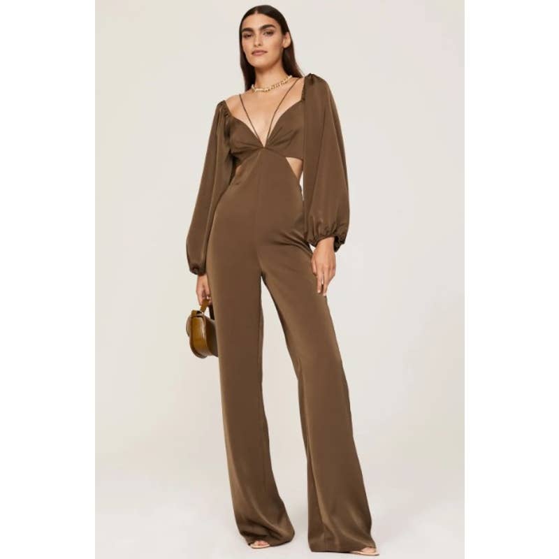 Sachin & Babi Satin Balloon Sleeve Plunge Bruni Jumpsuit Olive Green Size 8