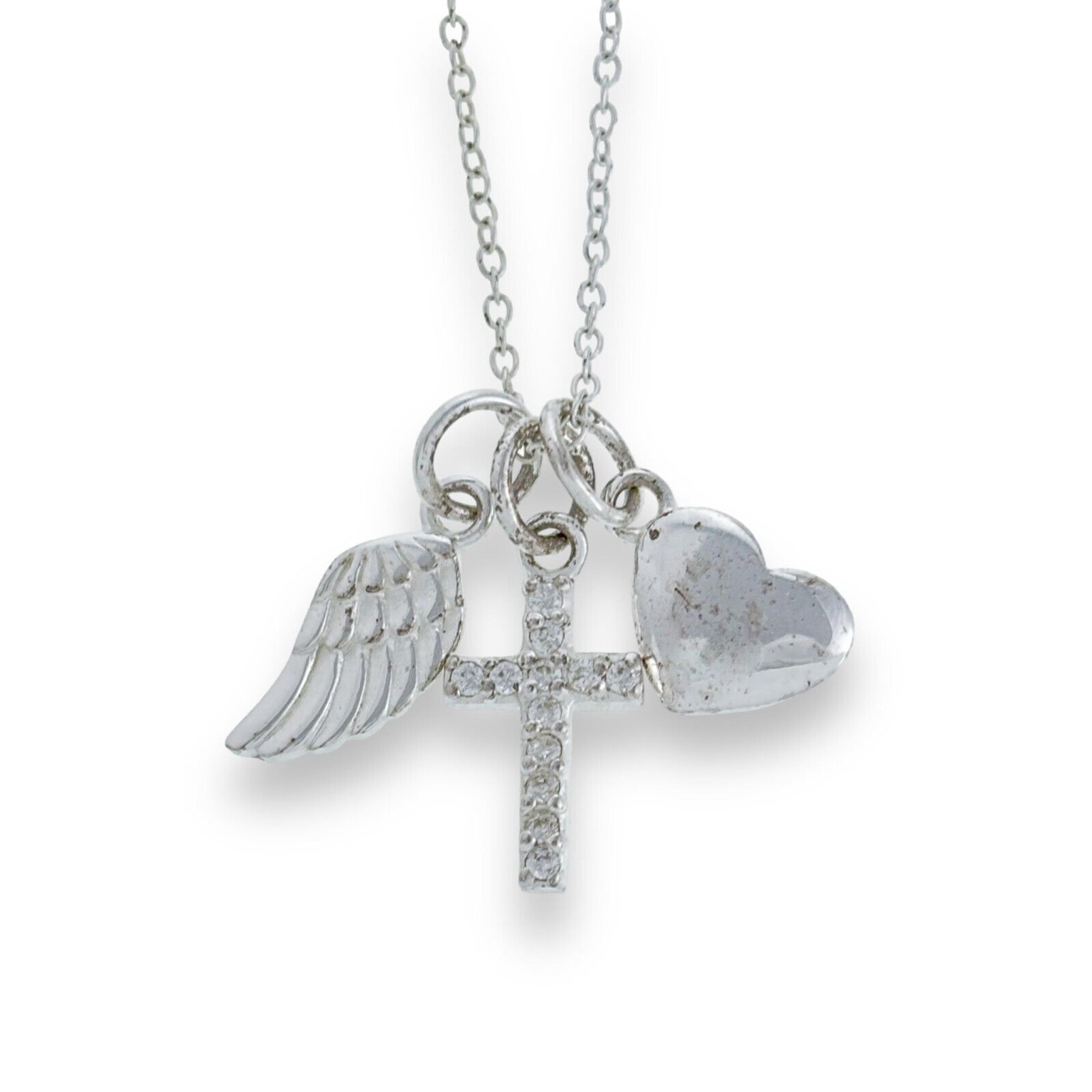 LA Footnotes Sterling Silver Cubic Zirconia Cross Heart Wing Charm Necklace 16"