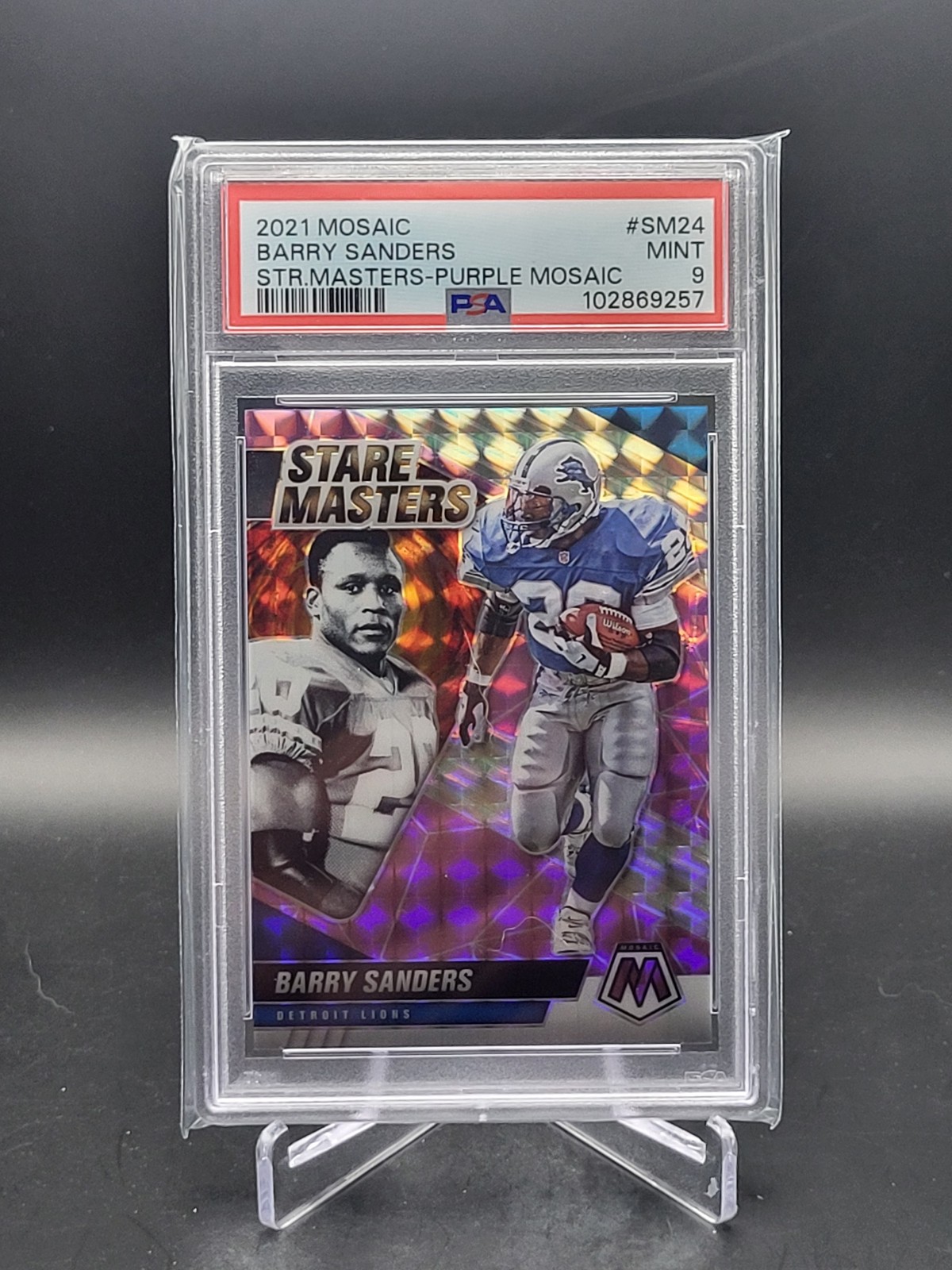 2021 Panini Mosaic Barry Sanders Stare Masters Purple Prizm /49 # Match PSA 9