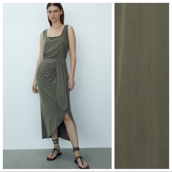 NWT. Massimo Dutti Gray Cupro Midi Skirt with Knot Detail. Size L.