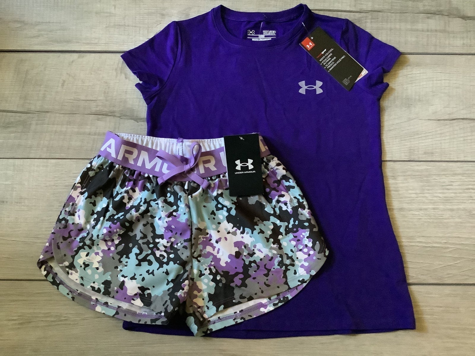 Under Armour big girls purple tshirt & shorts size YXS/YSM (NWT )
