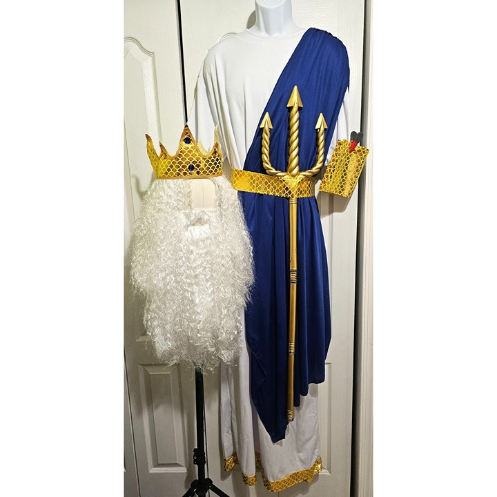 King Neptune Costume Mens XL Crown Robe White Curly Wig Beard Trident Poseidon