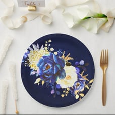 80 Royal blue, yellow, and gold metallic floral paper plates
