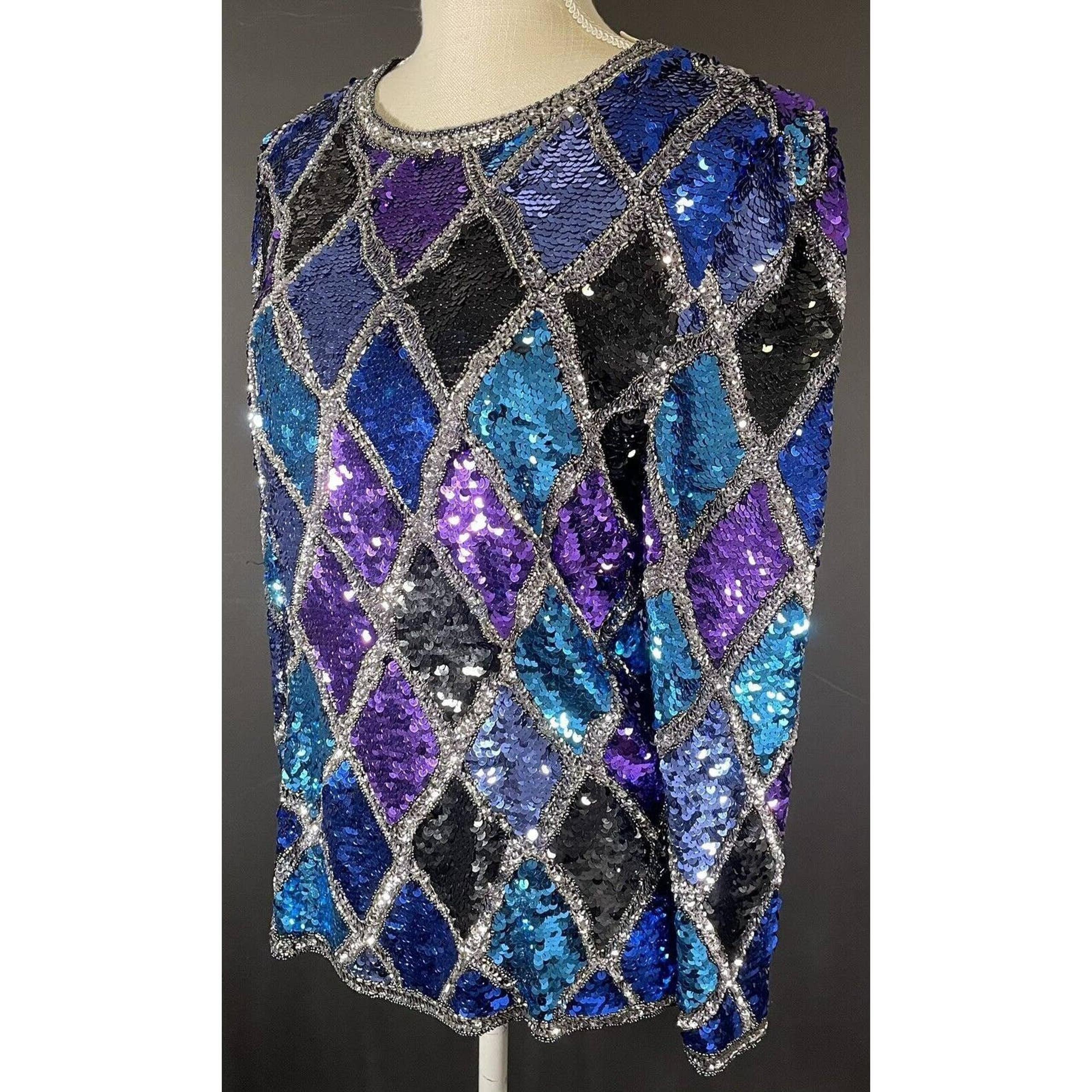 Black Tie Women's M Size Medium Formal Sequin Top Black w/Color G5-9v