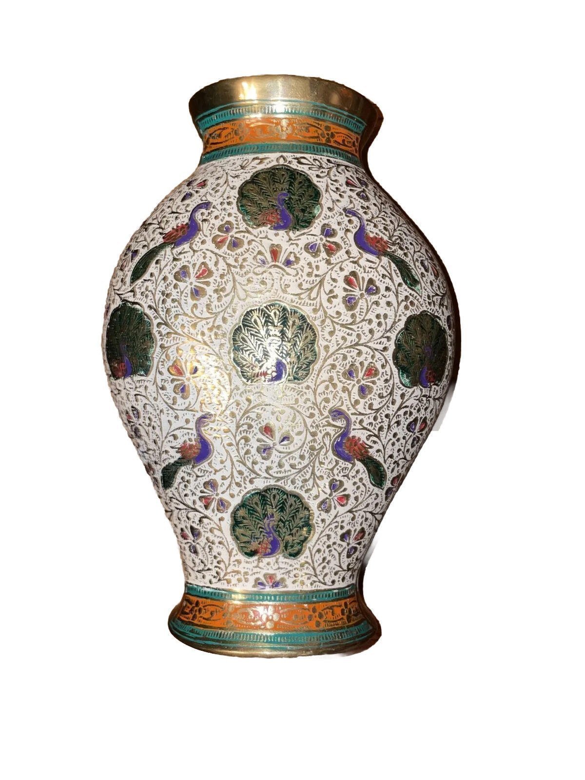 Hand Crafted Heavy Brass Flower Peacocks Vase 7.5